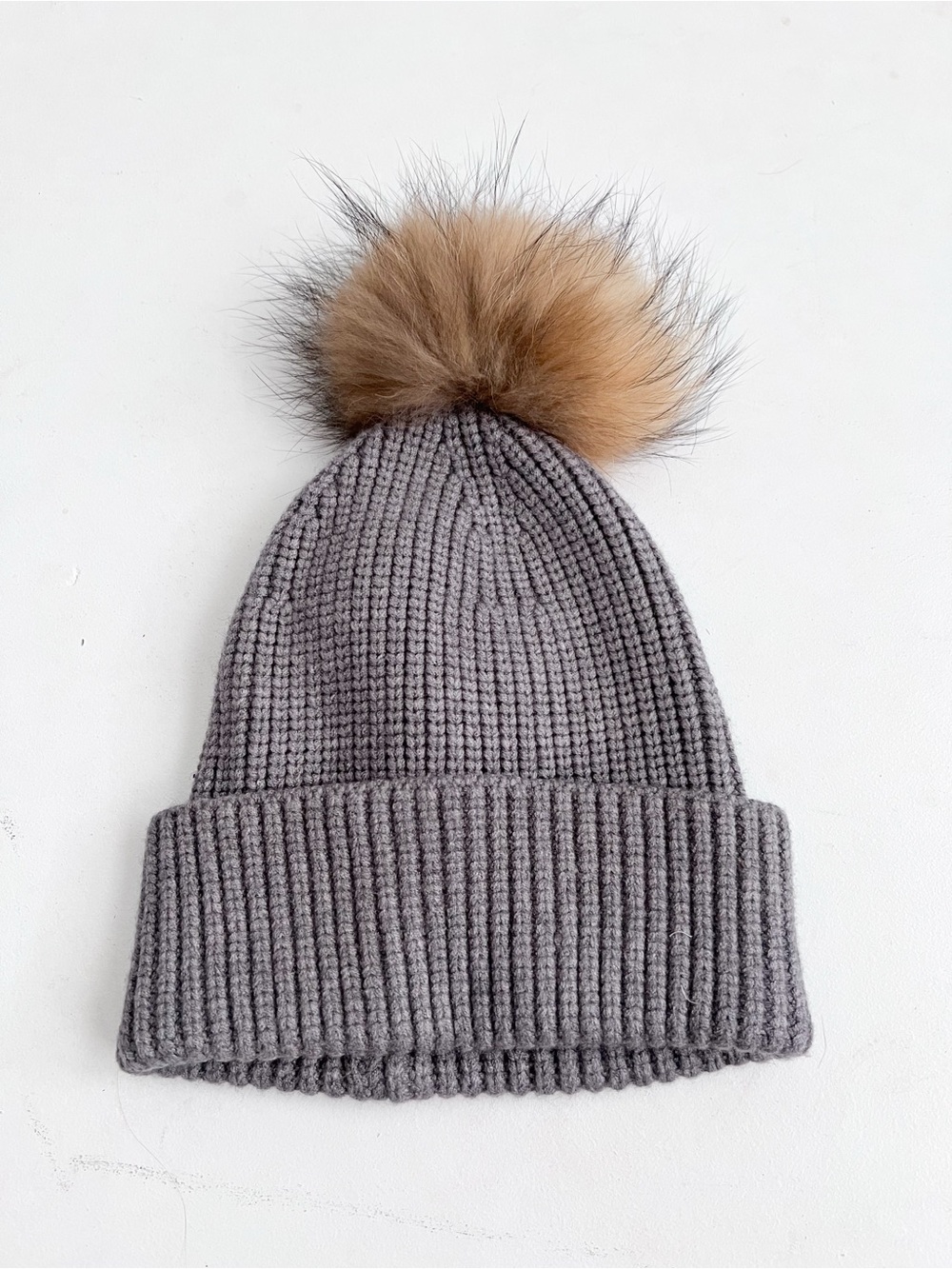 GIGI PIP Womens Gray Knit Beanie with Tan Faux Fur Pom